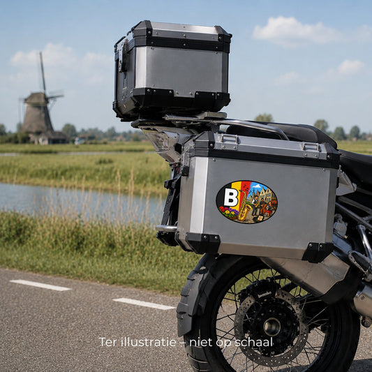 B Landcode Sticker België – Kinderen in Historische Stad – detail van het ontwerp