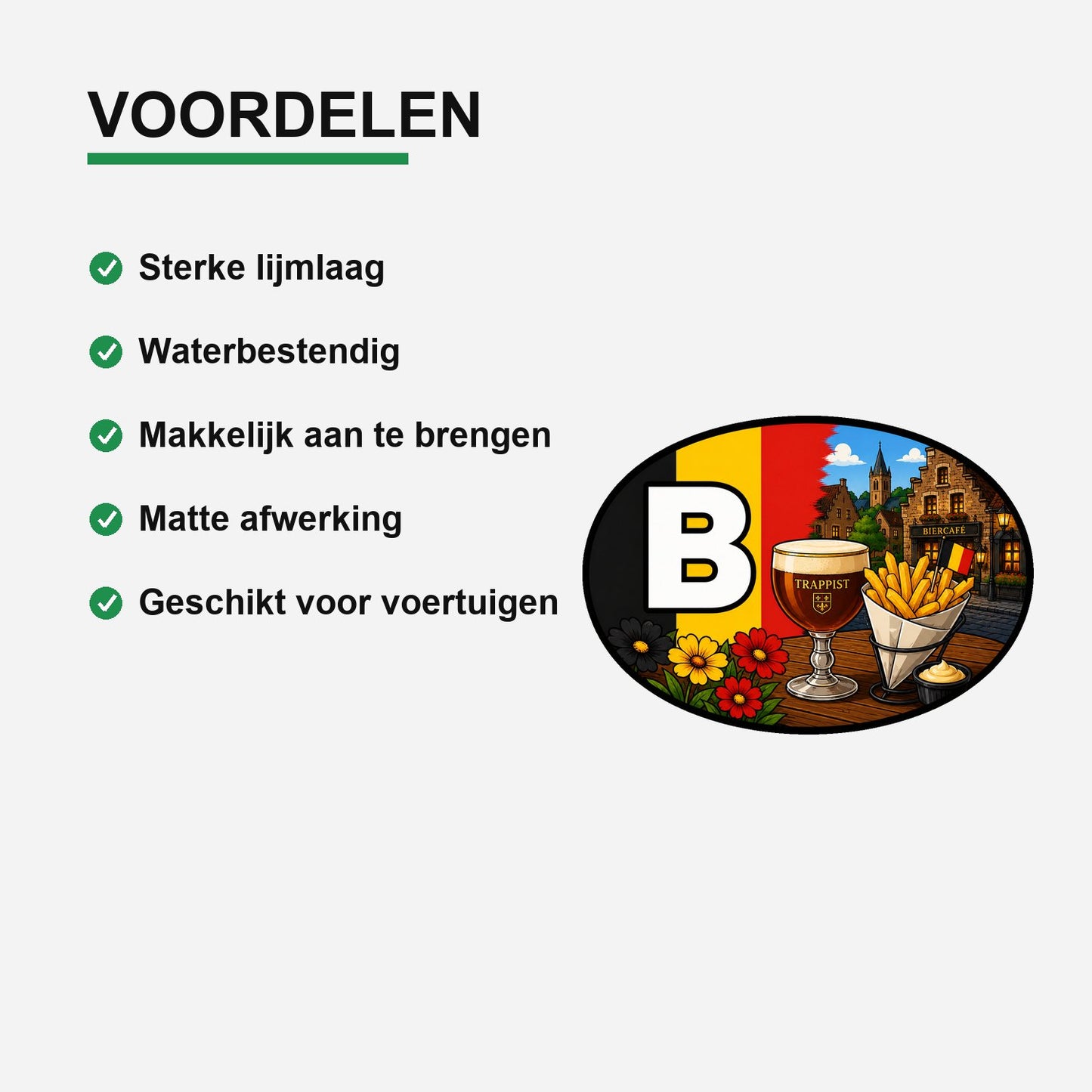 B Landcode Sticker België – Friet en Chocolade – gebruiksvoorbeeld