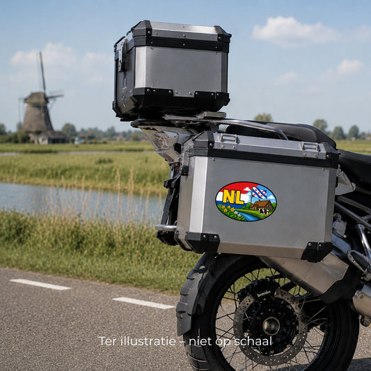 NL Landcode Sticker Friesland – Friese vlag, boerderij en koe – detail van het ontwerp