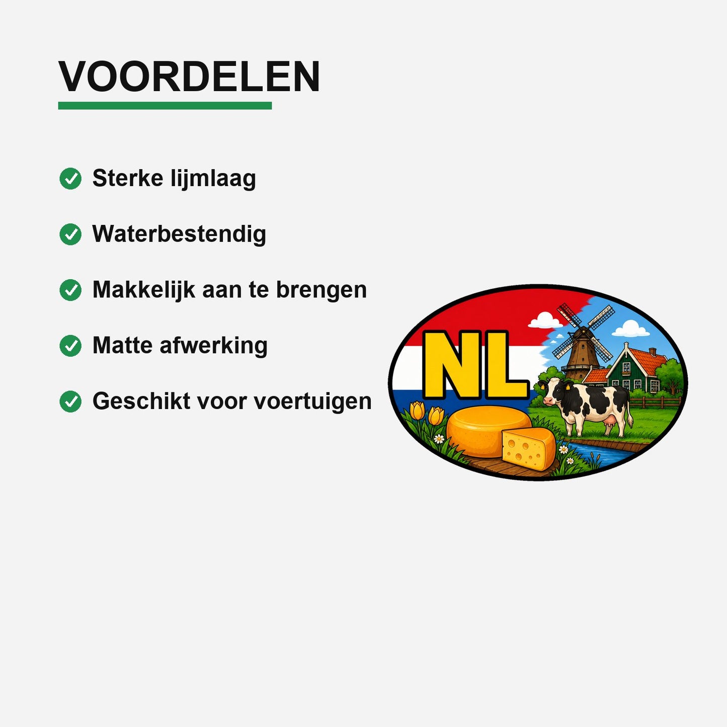 NL Landcode Sticker Gouda – Goudse kaas, koe en windmolen – gebruiksvoorbeeld