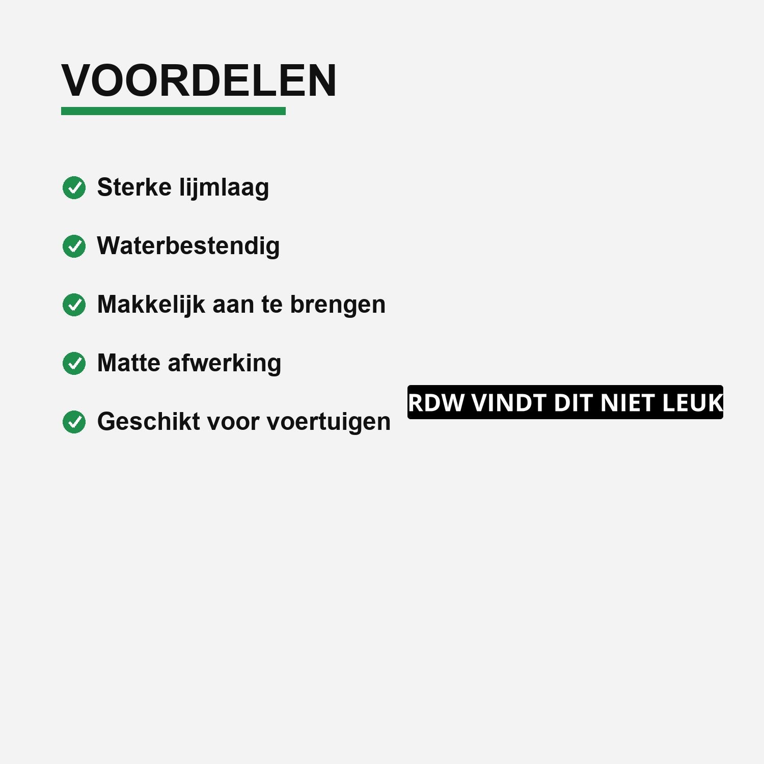 2x RDW Vindt Dit Niet Leuk Kentekenhouderstickers – materiaal en matte afwerking