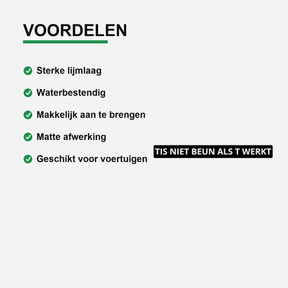 2x Tis Niet Beun Als T Werkt Kentekenhouderstickers – materiaal en matte afwerking