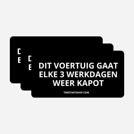 3x Dit voertuig gaat elke 3 werkdagen weer kapot Bumperstickers – hoofdafbeelding van de set