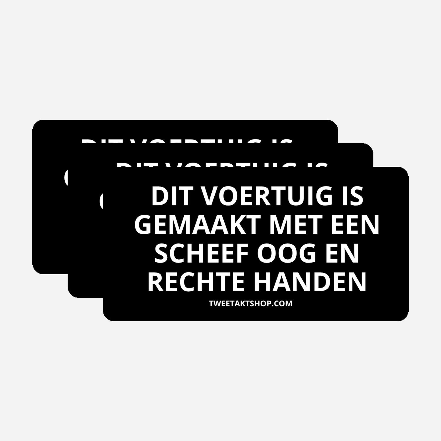 3x Dit voertuig is gemaakt met een scheef oog en rechte handen Bumperstickers – hoofdafbeelding van de set