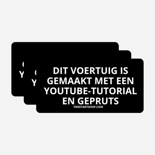 3x Dit voertuig is gemaakt met een YouTube tutorial en GEPRUTS Bumperstickers – hoofdafbeelding van de set
