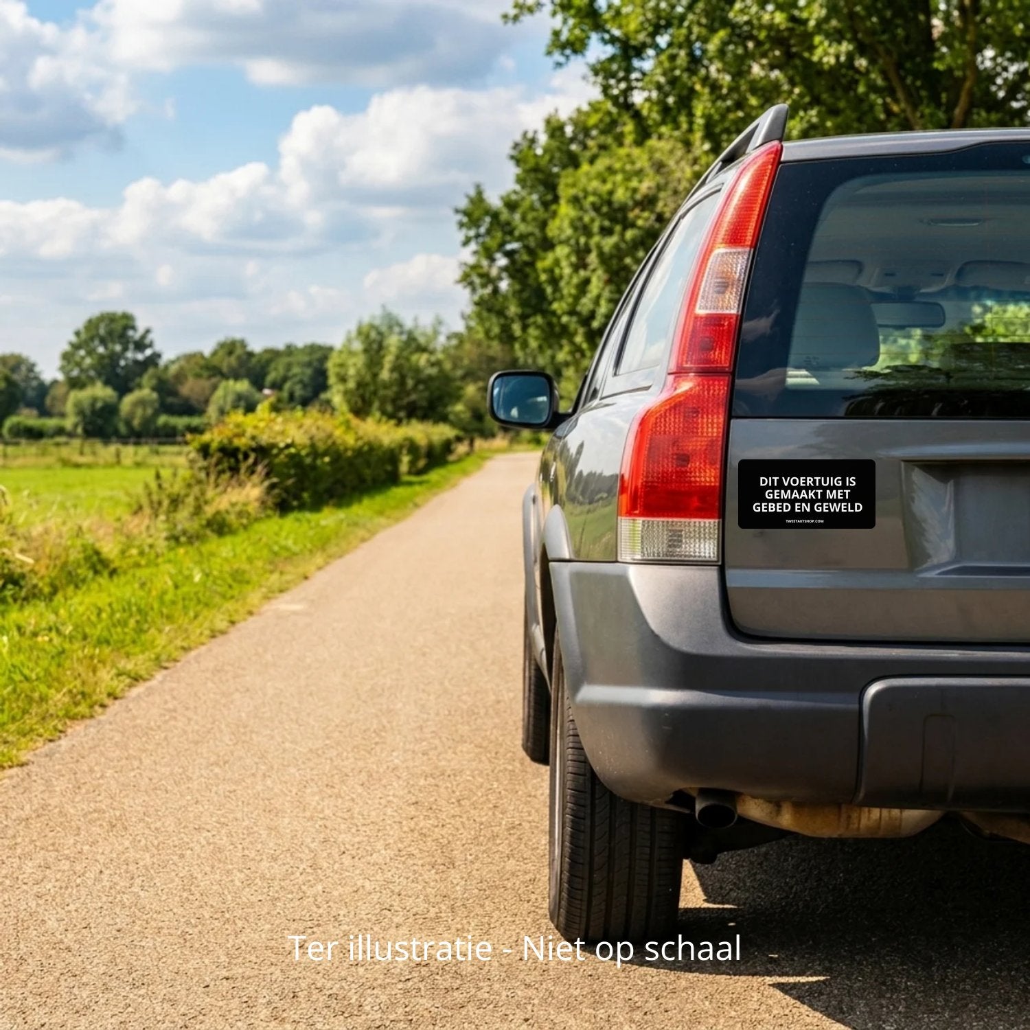 3x Dit voertuig is gemaakt met gebed en geweld Bumperstickers – detail van de tekst