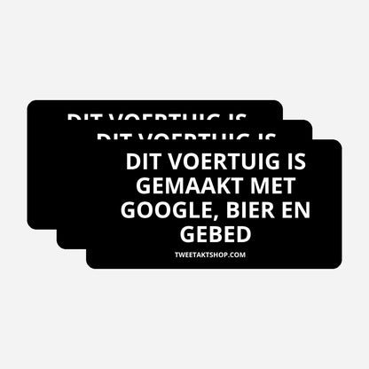 3x Dit voertuig is gemaakt met Google, bier en gebed Bumperstickers – hoofdafbeelding van de set