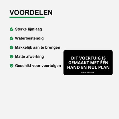 3x Dit voertuig is gemaakt met één hand en nul plan Bumperstickers – gebruiksvoorbeeld