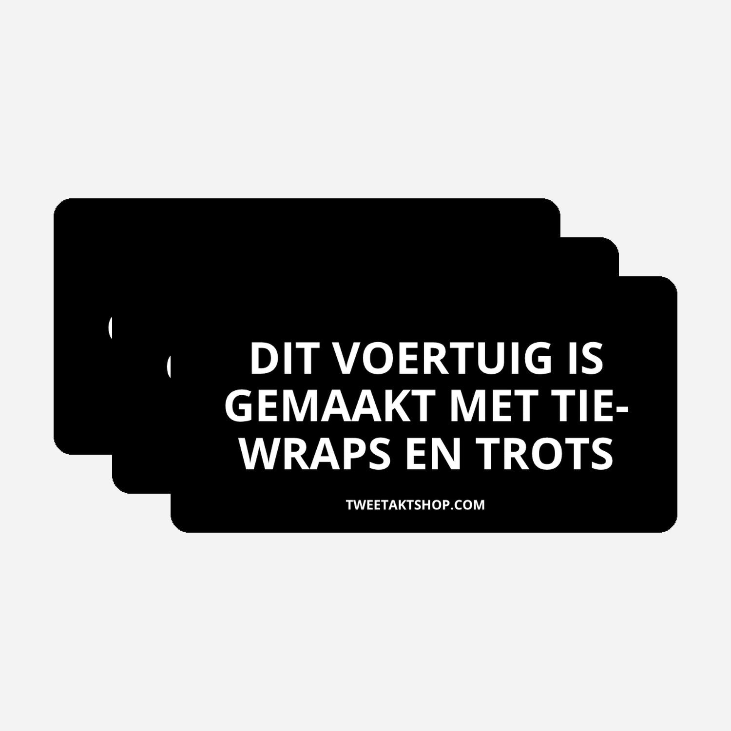 3x Dit voertuig is gemaakt met tie wraps en trots Bumperstickers – hoofdafbeelding van de set