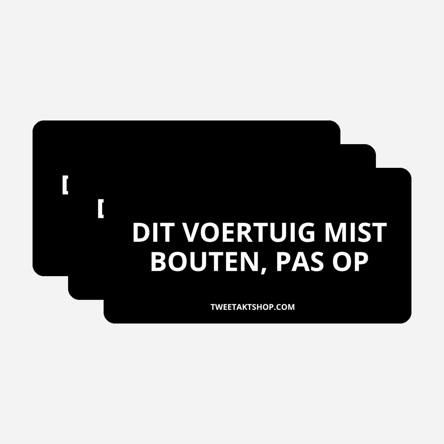 3x Dit voertuig mist bouten, pas op Bumperstickers – hoofdafbeelding van de set