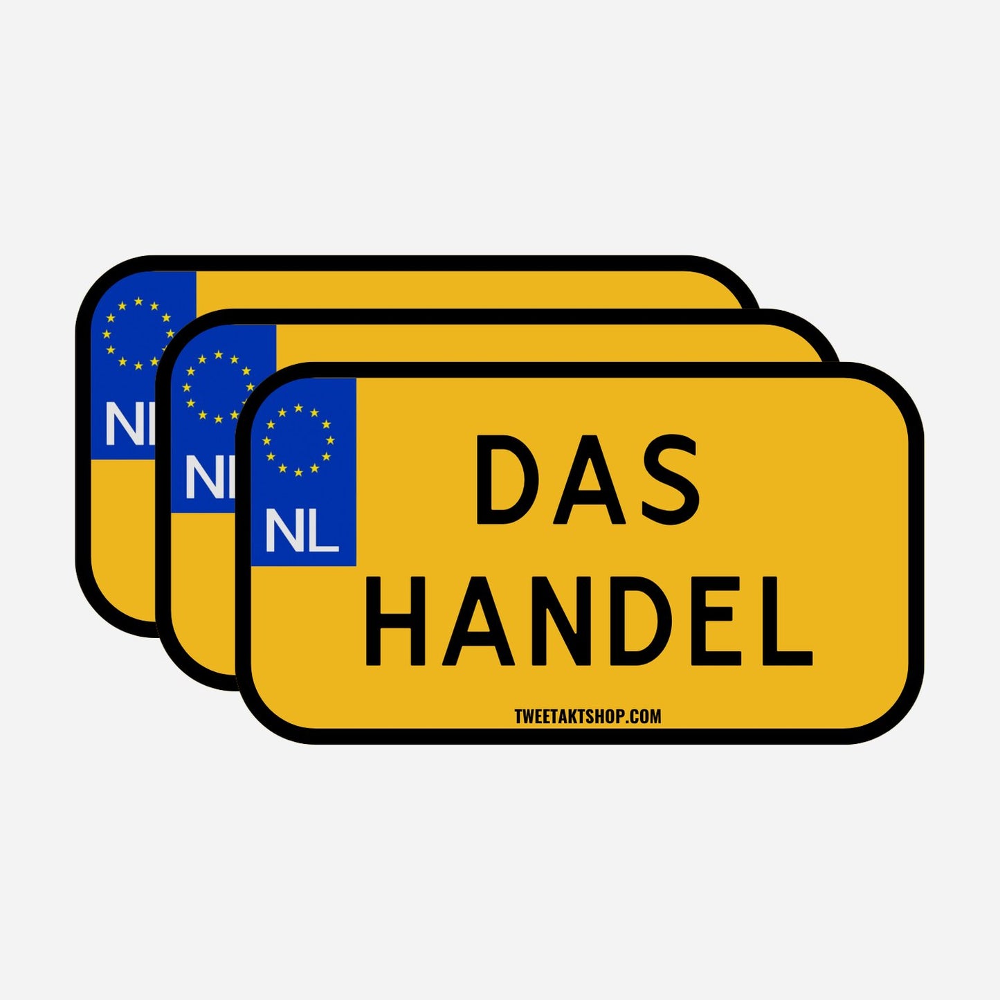 3x Das Handel Kentekenplaatstickers – hoofdafbeelding van de set