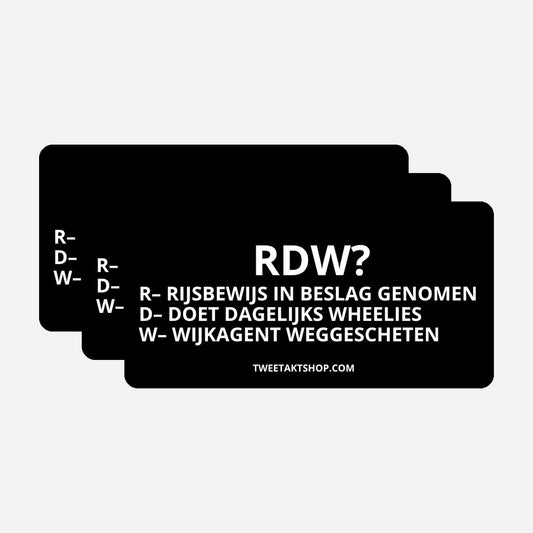 3x RDW R – Rijbewijs in beslag genomen D – doet dagelijks wheelies W – Wijkagent weggescheten Bumperstickers – hoofdafbeelding van de set