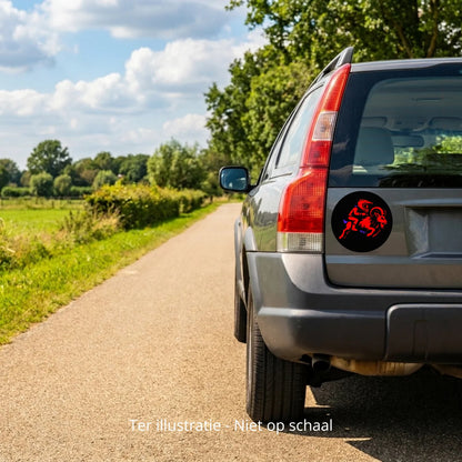 5x Zwarte Bokkenrijder-stickers met rode opdruk – detail van de tekst