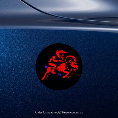 5x Zwarte Bokkenrijder-stickers met rode opdruk – gebruiksvoorbeeld
