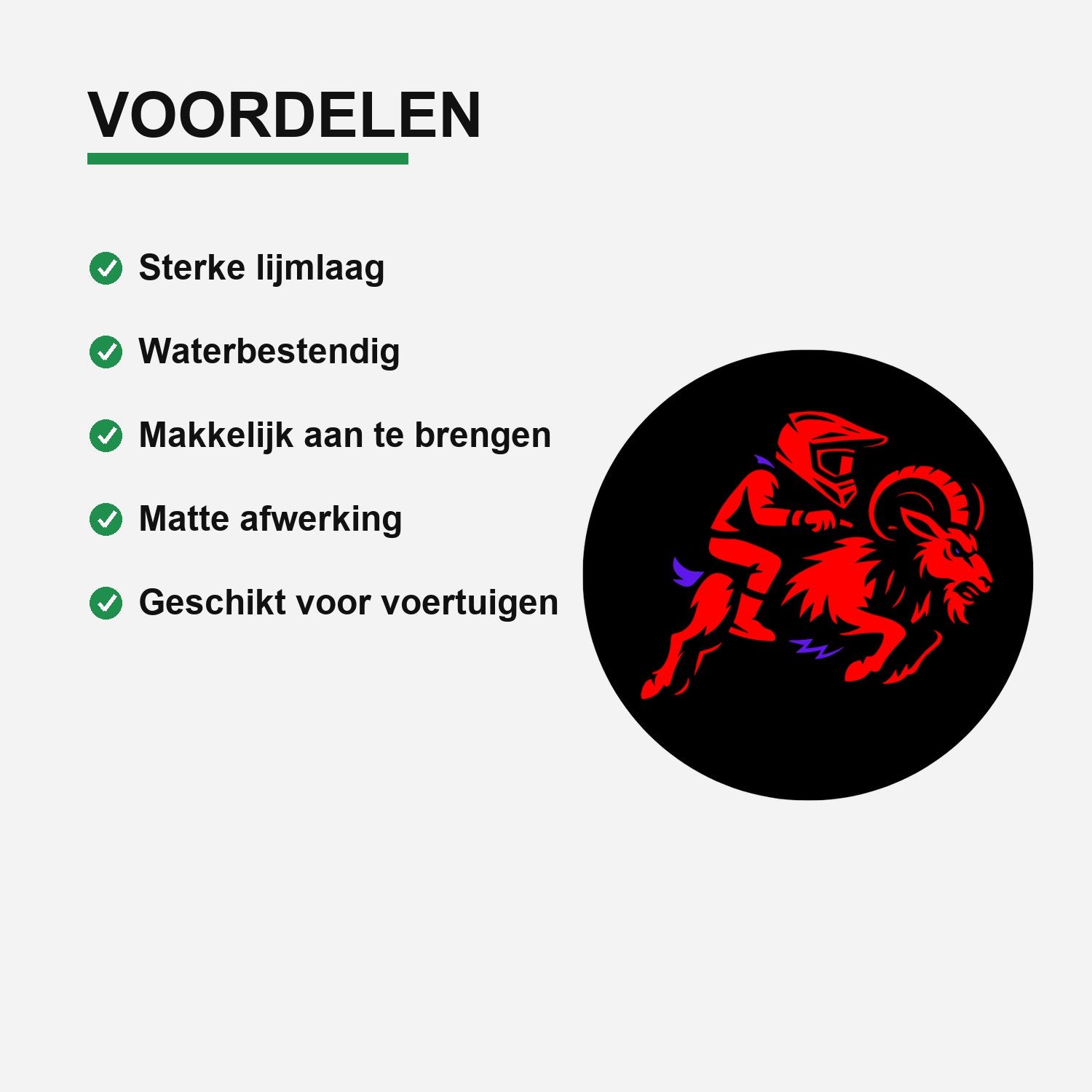 5x Zwarte Bokkenrijder-stickers met rode opdruk – detail van vinyl en matte afwerking