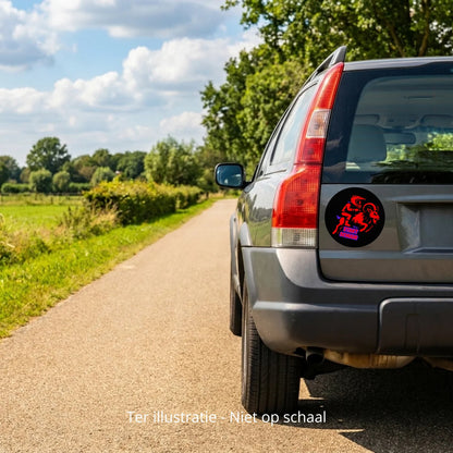 5x Zwarte 2TAKTSCHUUR-stickers met rood-paarse opdruk – detail van de tekst