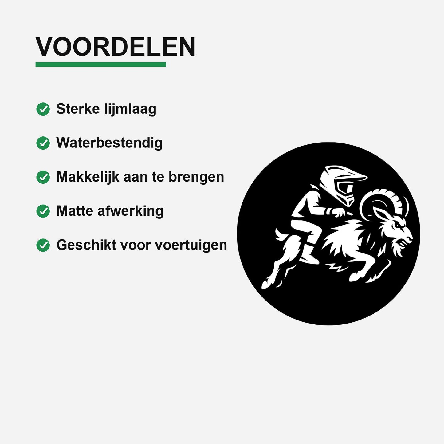 5x Zwarte Bokkenrijder-stickers met witte opdruk – detail van vinyl en matte afwerking