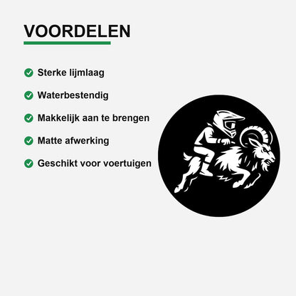 5x Zwarte Bokkenrijder-stickers met witte opdruk – detail van vinyl en matte afwerking