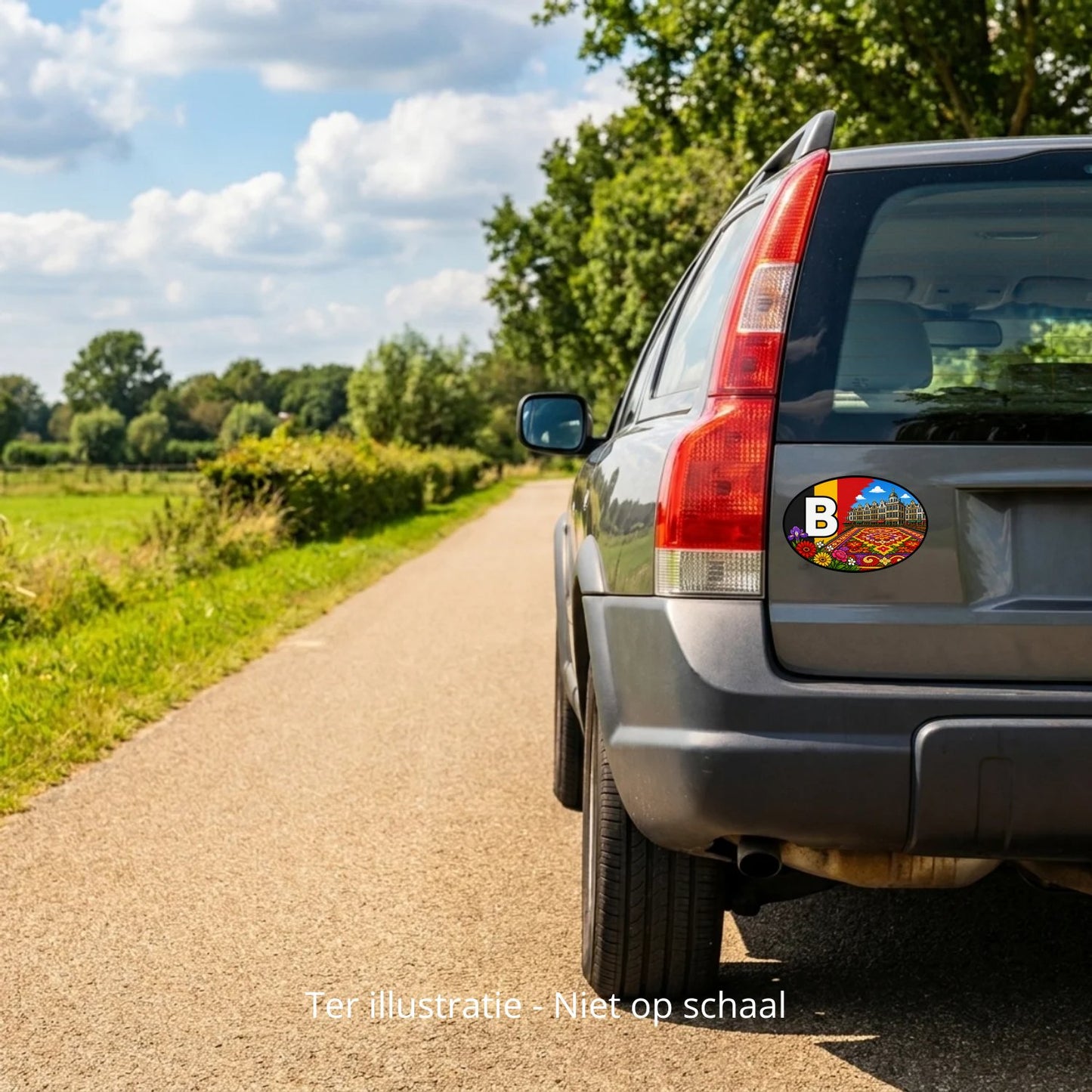 B Landcode Sticker België – Carnaval en Maskers – formaatvoorbeeld