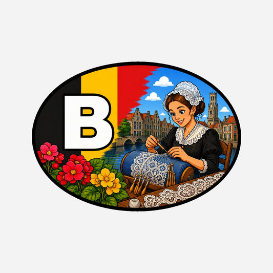 B Landcode Sticker België – Fiets en Vlaamse Stad – hoofdafbeelding van de sticker