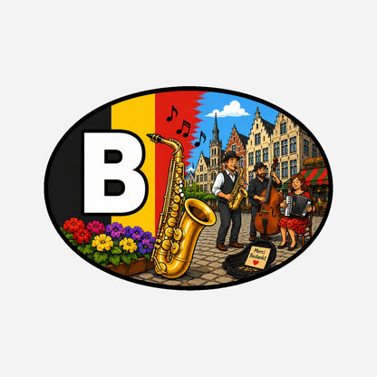 B Landcode Sticker België – Kinderen in Historische Stad – hoofdafbeelding van de sticker
