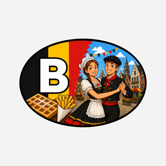 B Landcode Sticker België – Mosselen en Friet – hoofdafbeelding van de sticker