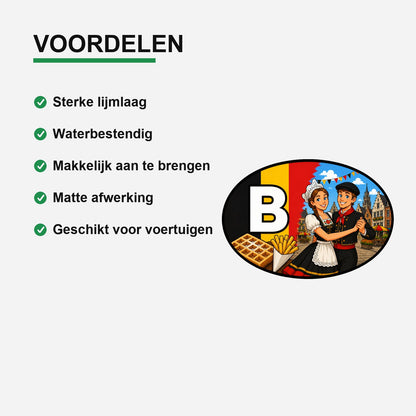 B Landcode Sticker België – Mosselen en Friet – gebruiksvoorbeeld
