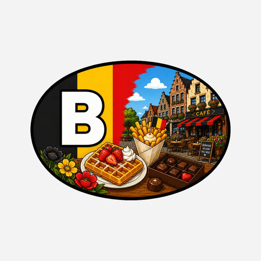 B Landcode Sticker België – Belgische Wafels – hoofdafbeelding van de sticker