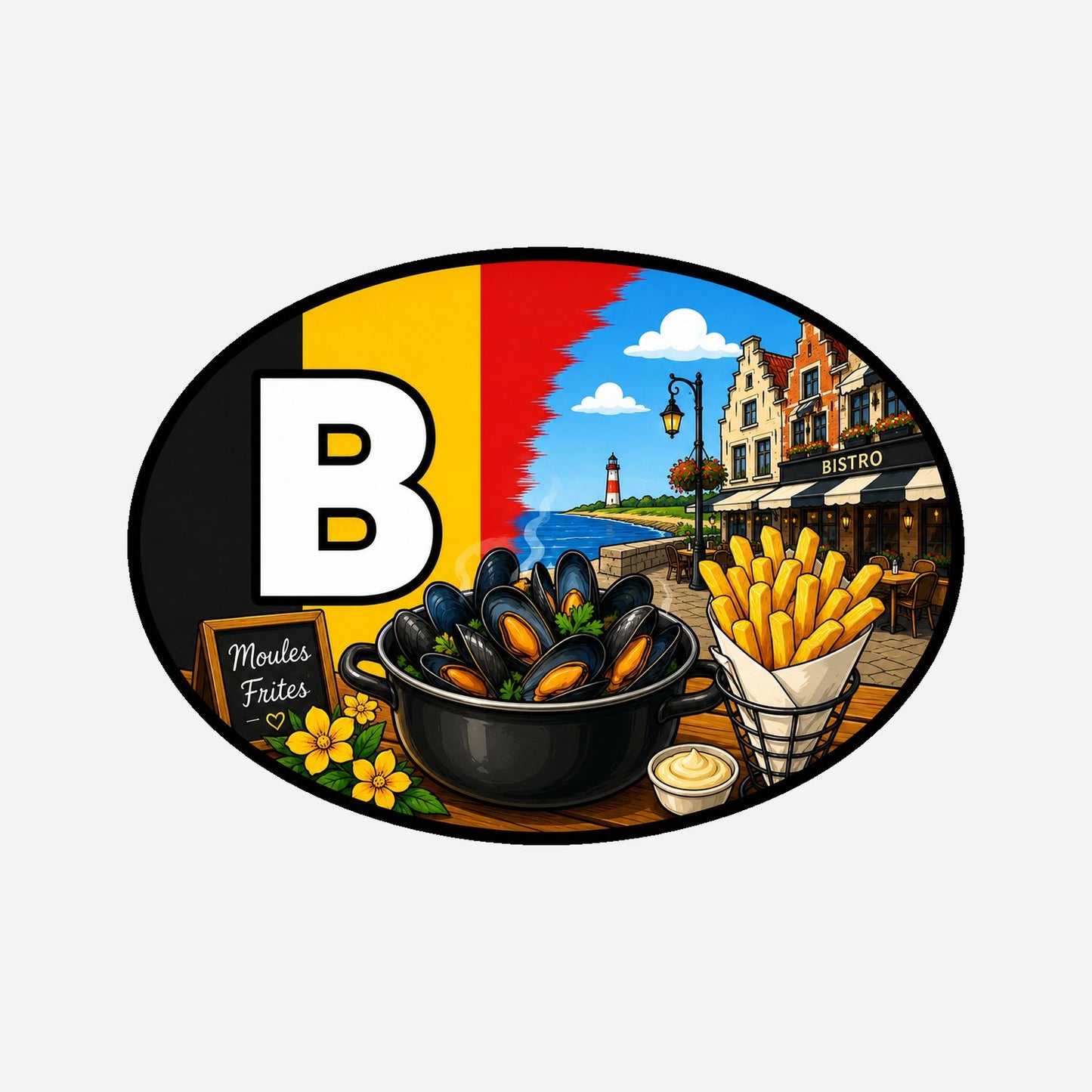 B Landcode Sticker België – Brussel met Bloementapijt – hoofdafbeelding van de sticker
