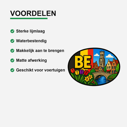 BE Landcode Sticker België – Brugge – gebruiksvoorbeeld