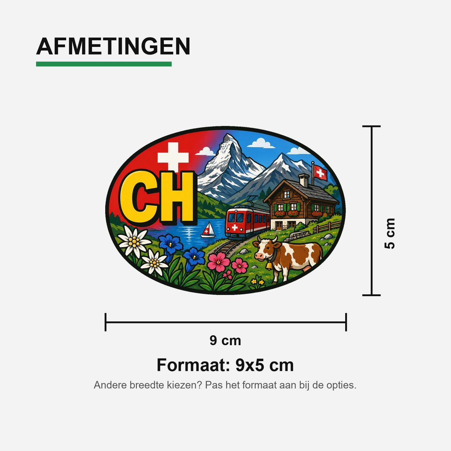 CH Landcode Sticker Zwitserland – Alpen – materiaal en matte afwerking