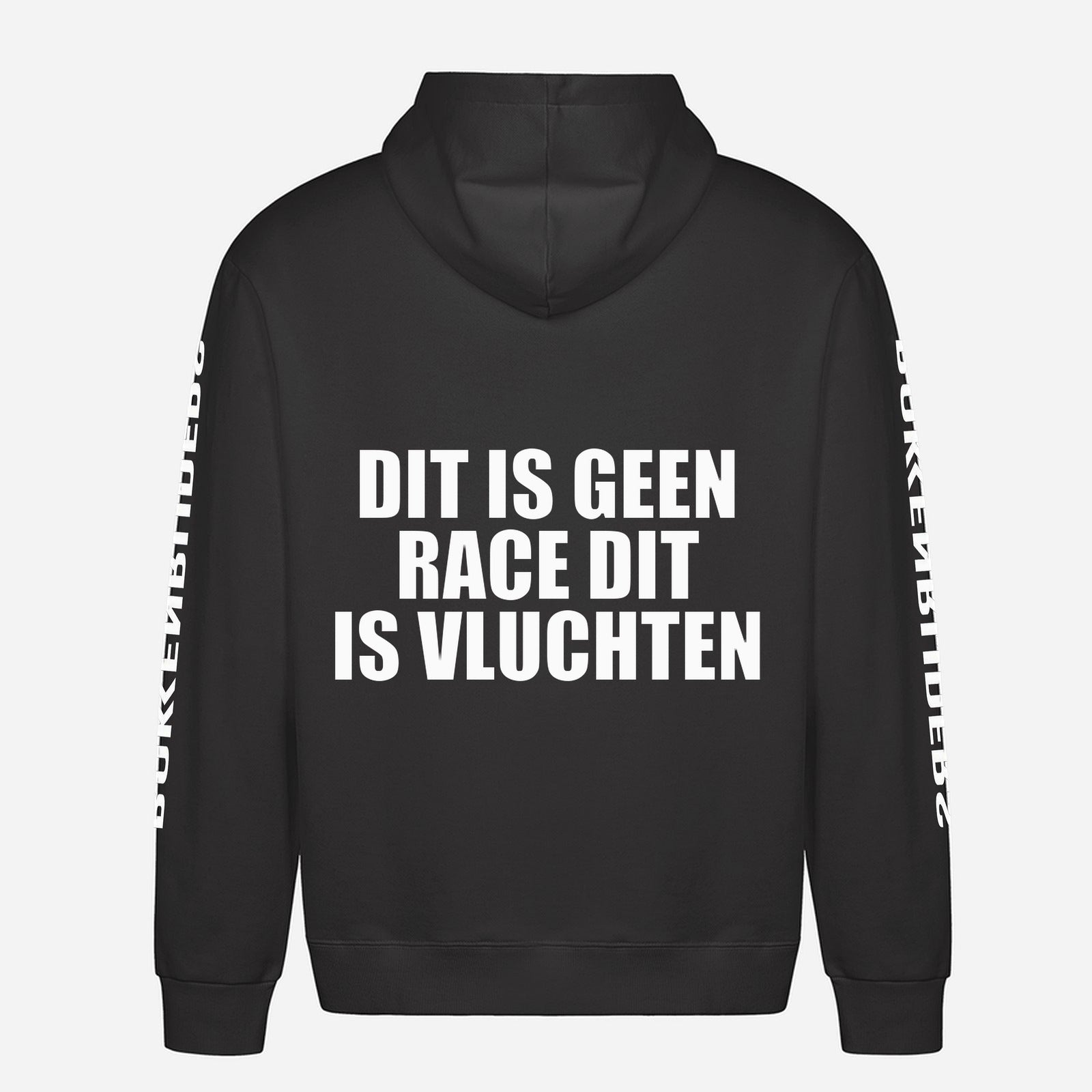 Dit Is Geen Race Dit Is Vluchten Hoodie – achterkant met grote rugprint