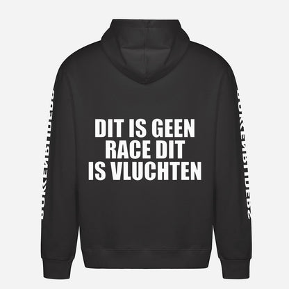 Dit Is Geen Race Dit Is Vluchten Hoodie – achterkant met grote rugprint