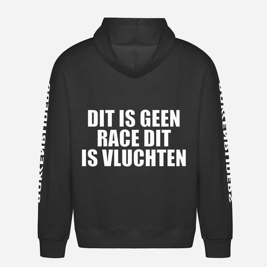 Dit Is Geen Race Dit Is Vluchten Hoodie – achterkant met grote rugprint