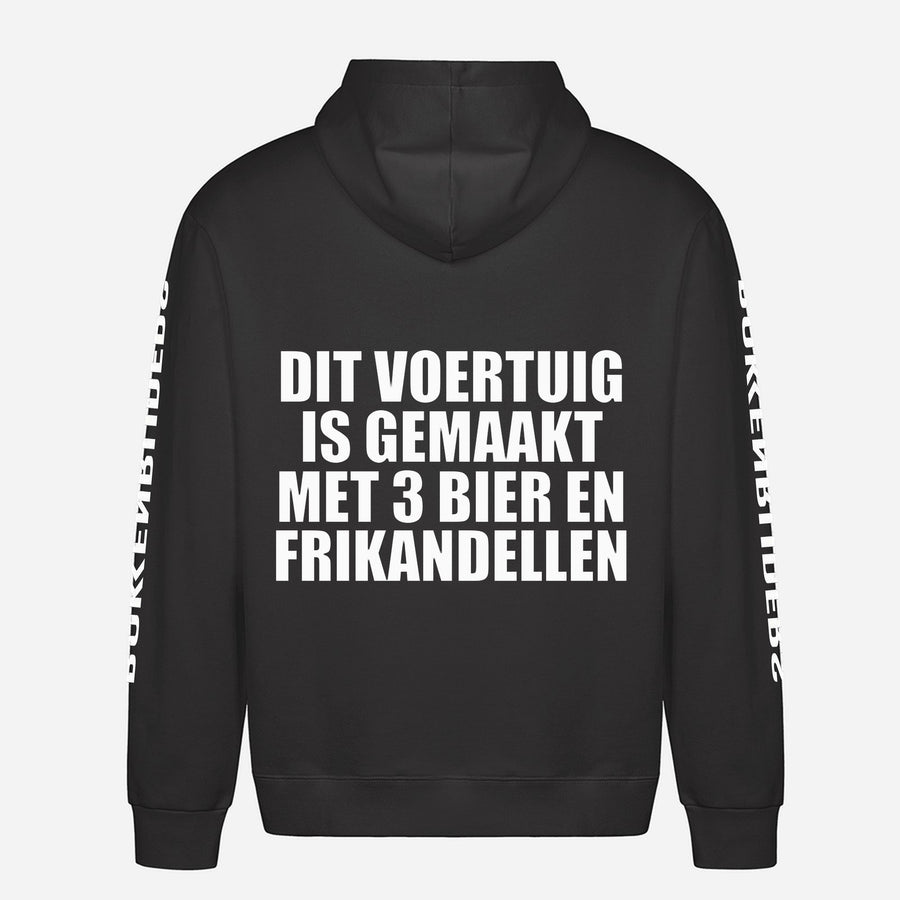 Dit Voertuig Is Gemaakt Met 3 Bier En Frikandellen Hoodie – achterkant met grote rugprint
