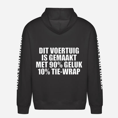 Dit Voertuig Is Gemaakt Met 90% Geluk 10% Tie Wrap Hoodie – achterkant met grote rugprint