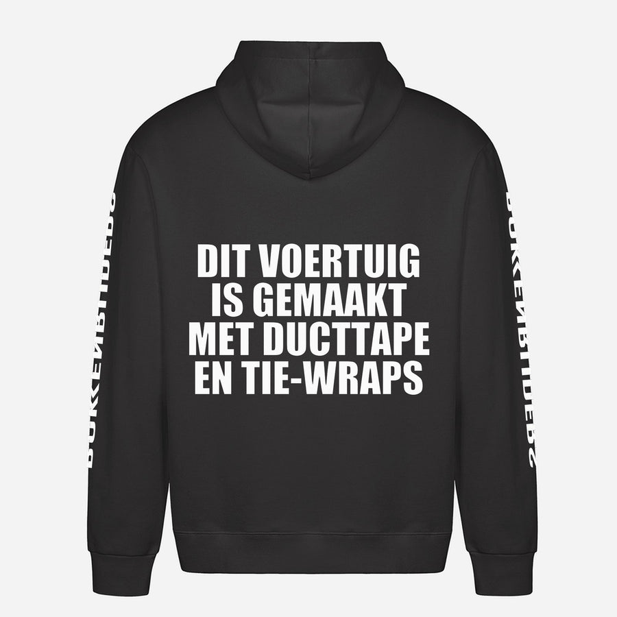 Dit Voertuig Is Gemaakt Met Ducttape En Tie Wraps Hoodie – achterkant met grote rugprint