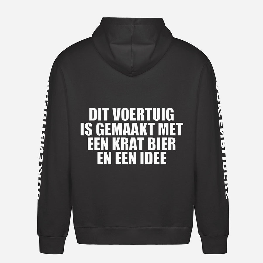 Dit Voertuig Is Gemaakt Met Een Krat Bier En Een Idee Hoodie – achterkant met grote rugprint