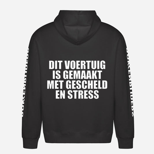 Dit Voertuig Is Gemaakt Met Gescheld En Stress Hoodie – achterkant met grote rugprint