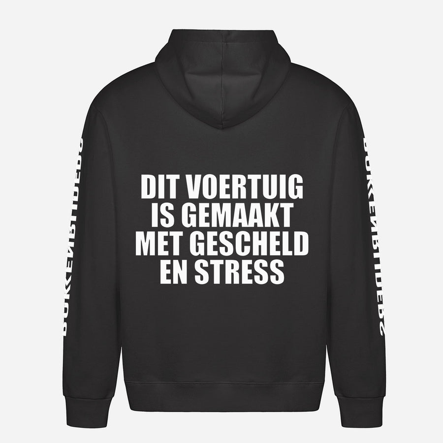 Dit Voertuig Is Gemaakt Met Gescheld En Stress Hoodie – achterkant met grote rugprint