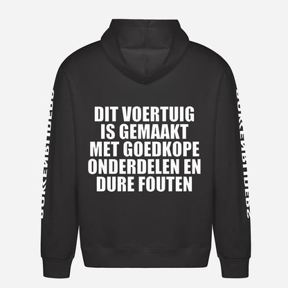 Dit Voertuig Is Gemaakt Met Goedkope Onderdelen En Dure Fouten Hoodie – achterkant met grote rugprint