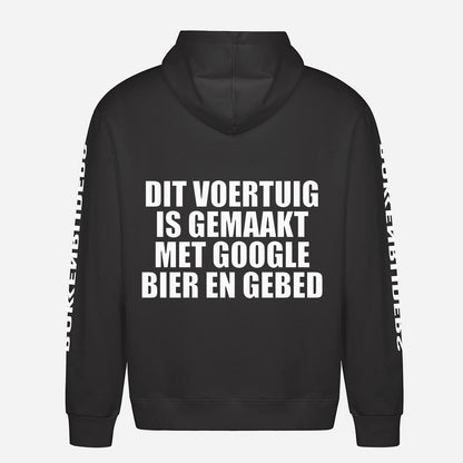 Dit Voertuig Is Gemaakt Met Google Bier En Gebed Hoodie – achterkant met grote rugprint