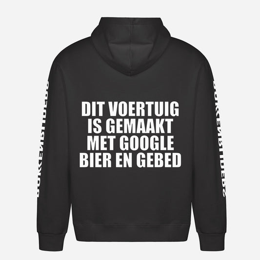 Dit Voertuig Is Gemaakt Met Google Bier En Gebed Hoodie – achterkant met grote rugprint