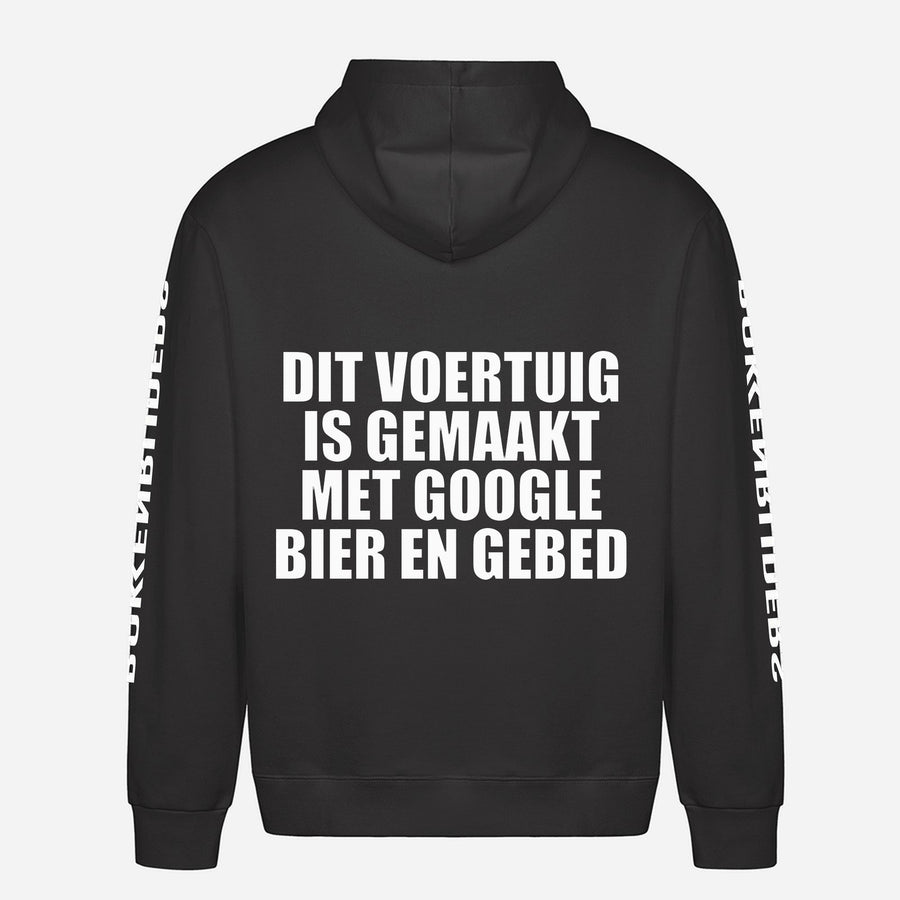 Dit Voertuig Is Gemaakt Met Google Bier En Gebed Hoodie – achterkant met grote rugprint