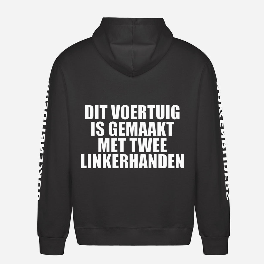 Dit Voertuig Is Gemaakt Met Twee Linkerhanden Hoodie – achterkant met grote rugprint