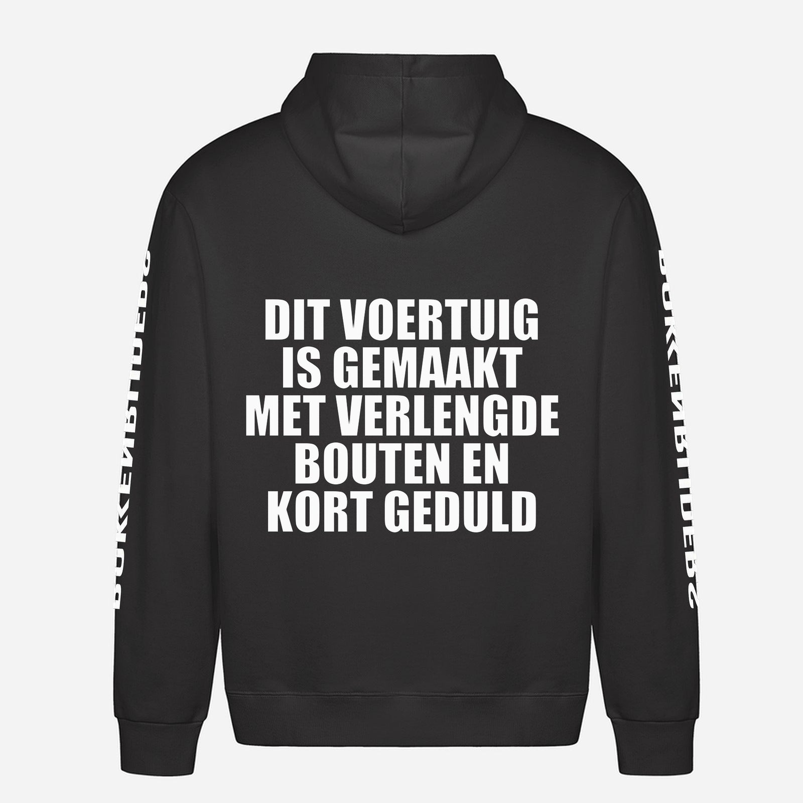 Dit Voertuig Is Gemaakt Met Verlengde Bouten En Kort Geduld Hoodie – achterkant met grote rugprint