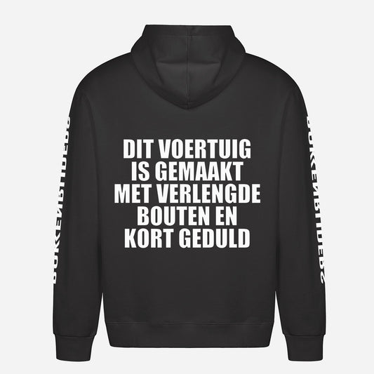 Dit Voertuig Is Gemaakt Met Verlengde Bouten En Kort Geduld Hoodie – achterkant met grote rugprint