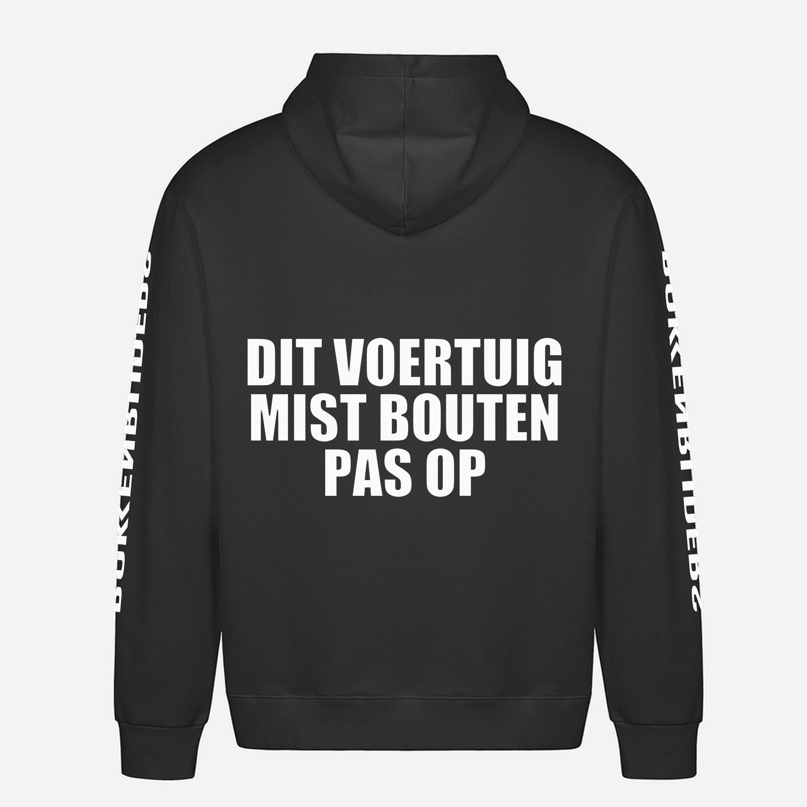 Dit Voertuig Mist Bouten Pas Op Hoodie – achterkant met grote rugprint