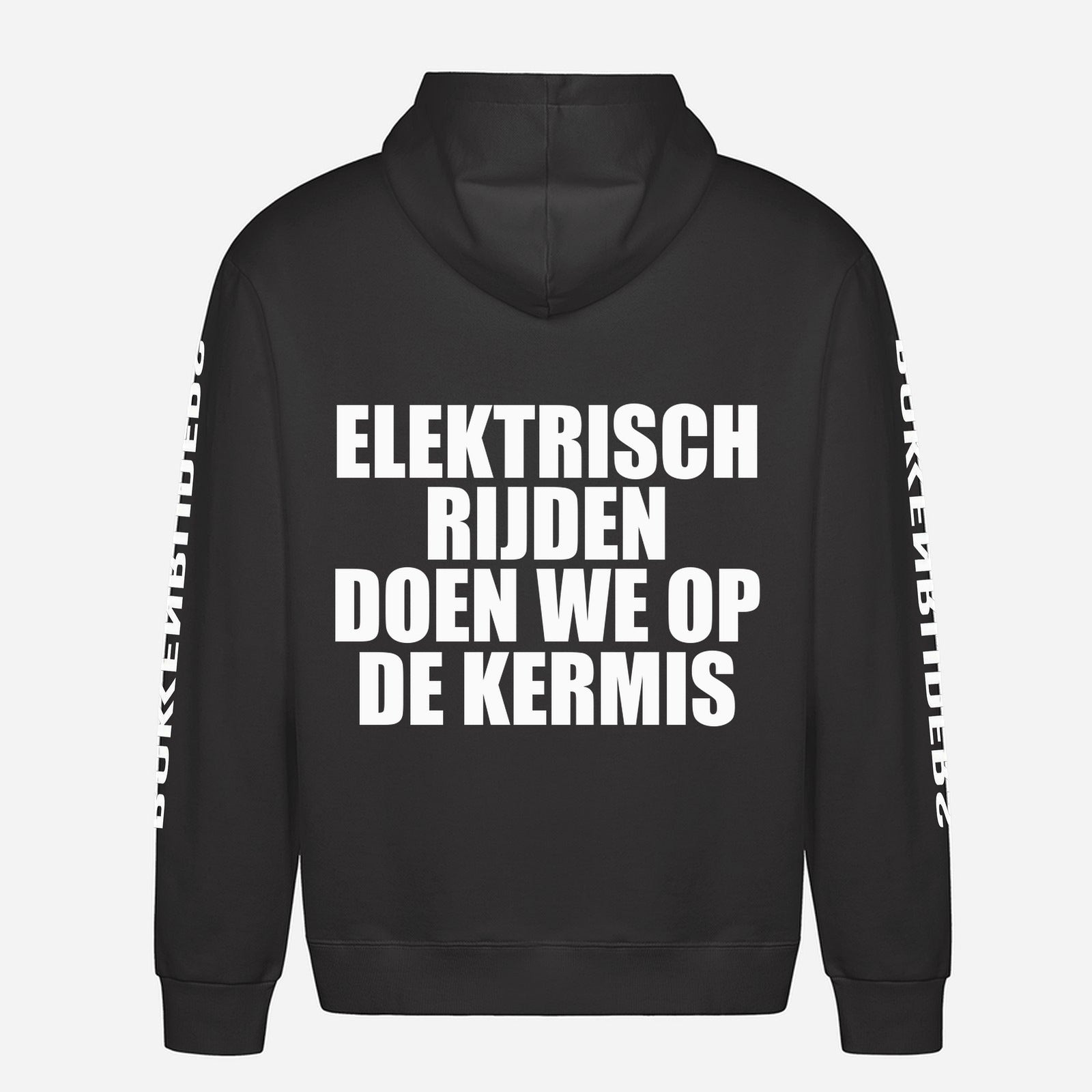Elektrisch Rijden Doen We Op De Kermis Hoodie – achterkant met grote rugprint