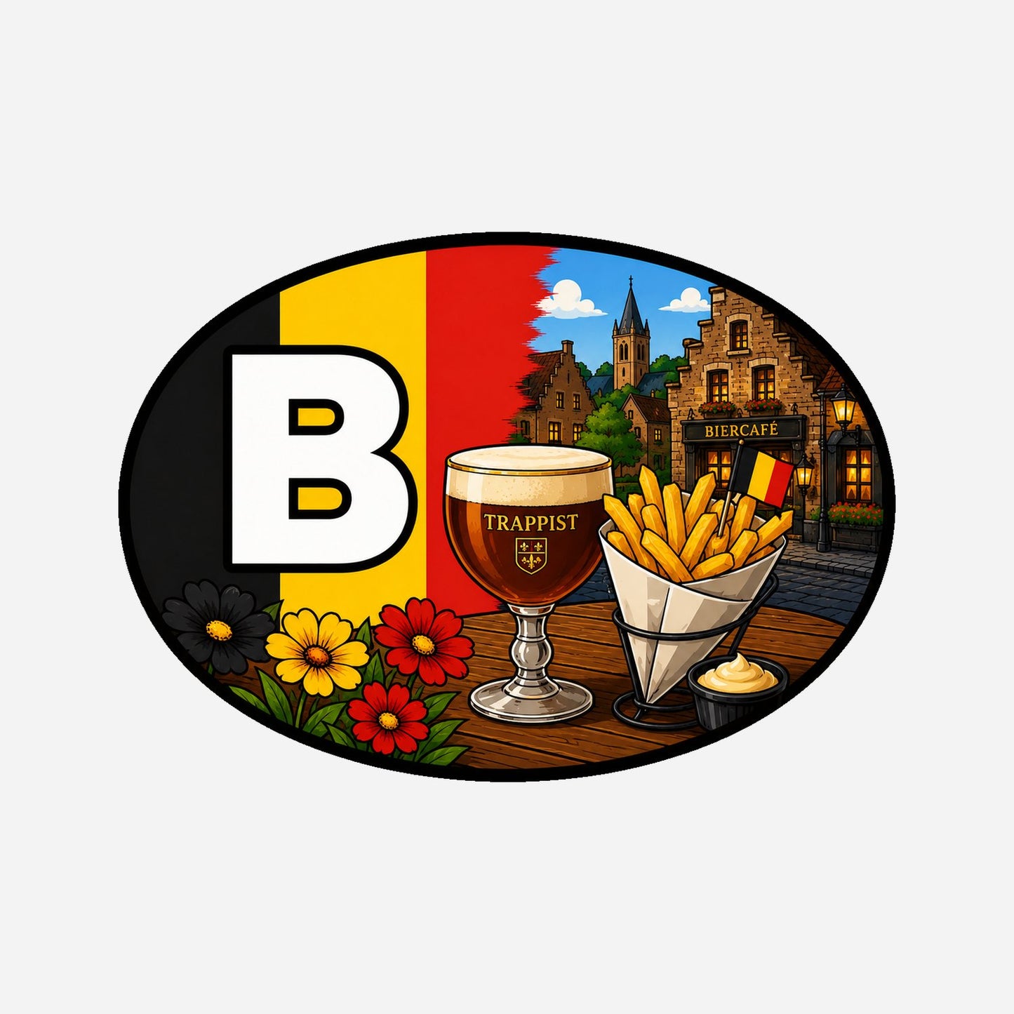 B Landcode Sticker België – Friet en Chocolade – hoofdafbeelding van de sticker